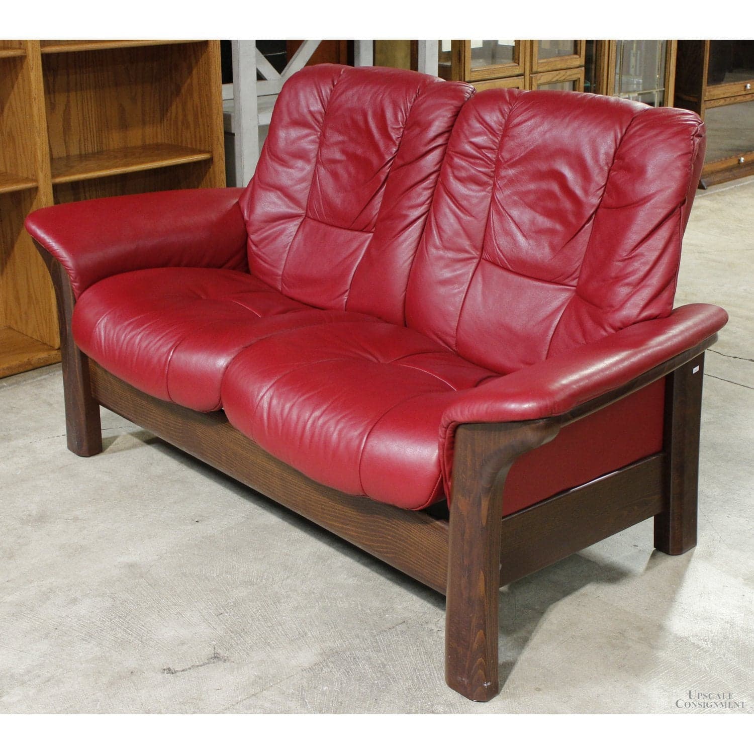 Stressless Red Leather Reclining Loveseat - Red - Thumbnail 2