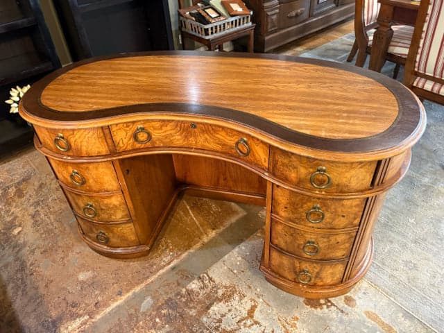 Henredon Kidney Shaped Burled Wood Desk With Greek Key Inlay