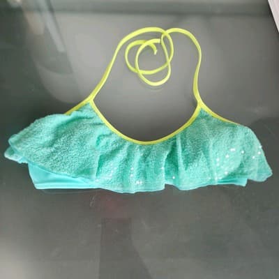 Victoria's Secret Beach Sexy Aqua Flounce Halter Bikini Ruffle Sequin Top S EUC