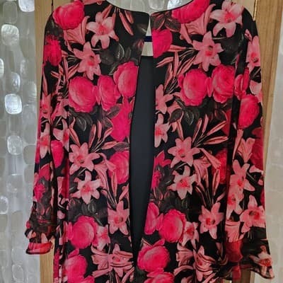 Karl Lagerfeld Paris XL Floral Sheath Dress Ruffle Sleeve Black Pink Stretch - Thumbnail 3