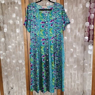 La Cera Teal Rayon Floral Dress sz L Long Shoulder Pads Boho Cottagecore Vintage