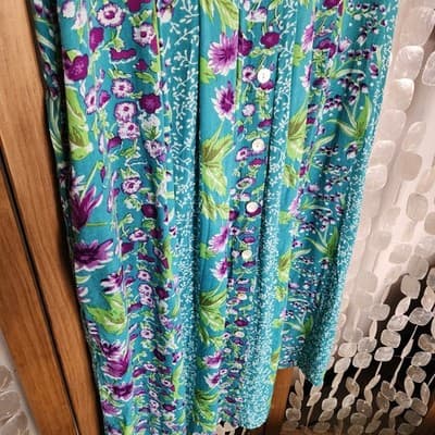 La Cera Teal Rayon Floral Dress sz L Long Shoulder Pads Boho Cottagecore Vintage - Thumbnail 2