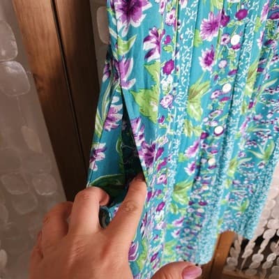 La Cera Teal Rayon Floral Dress sz L Long Shoulder Pads Boho Cottagecore Vintage - Thumbnail 3