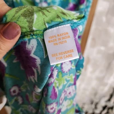 La Cera Teal Rayon Floral Dress sz L Long Shoulder Pads Boho Cottagecore Vintage - Thumbnail 7