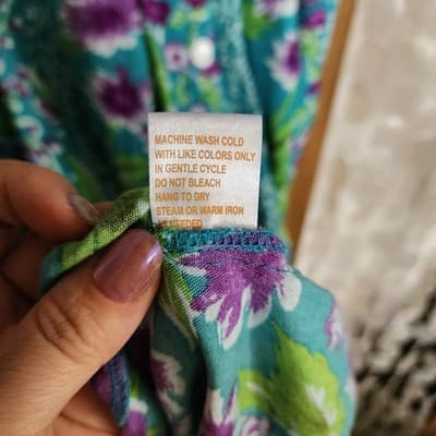 La Cera Teal Rayon Floral Dress sz L Long Shoulder Pads Boho Cottagecore Vintage - Thumbnail 8
