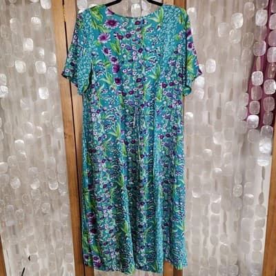 La Cera Teal Rayon Floral Dress sz L Long Shoulder Pads Boho Cottagecore Vintage - Thumbnail 4