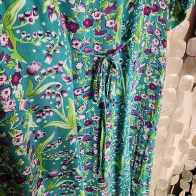 La Cera Teal Rayon Floral Dress sz L Long Shoulder Pads Boho Cottagecore Vintage - Thumbnail 5