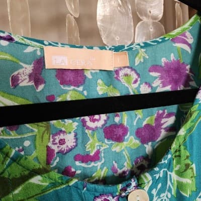 La Cera Teal Rayon Floral Dress sz L Long Shoulder Pads Boho Cottagecore Vintage - Thumbnail 6