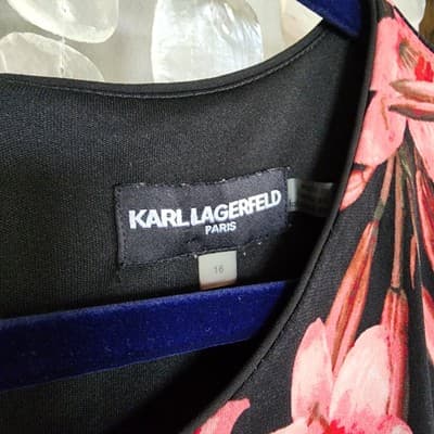 Karl Lagerfeld Paris XL Floral Sheath Dress Ruffle Sleeve Black Pink Stretch - Thumbnail 4