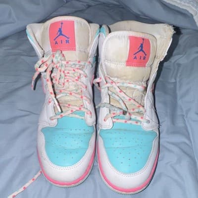 Nike Girls High Top Sneakers White Pink Blue Breathable Lace Up Rubber Sole - Image 1