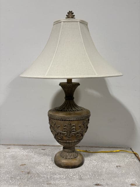 Tan Urn Style Lamp With Cream Shade