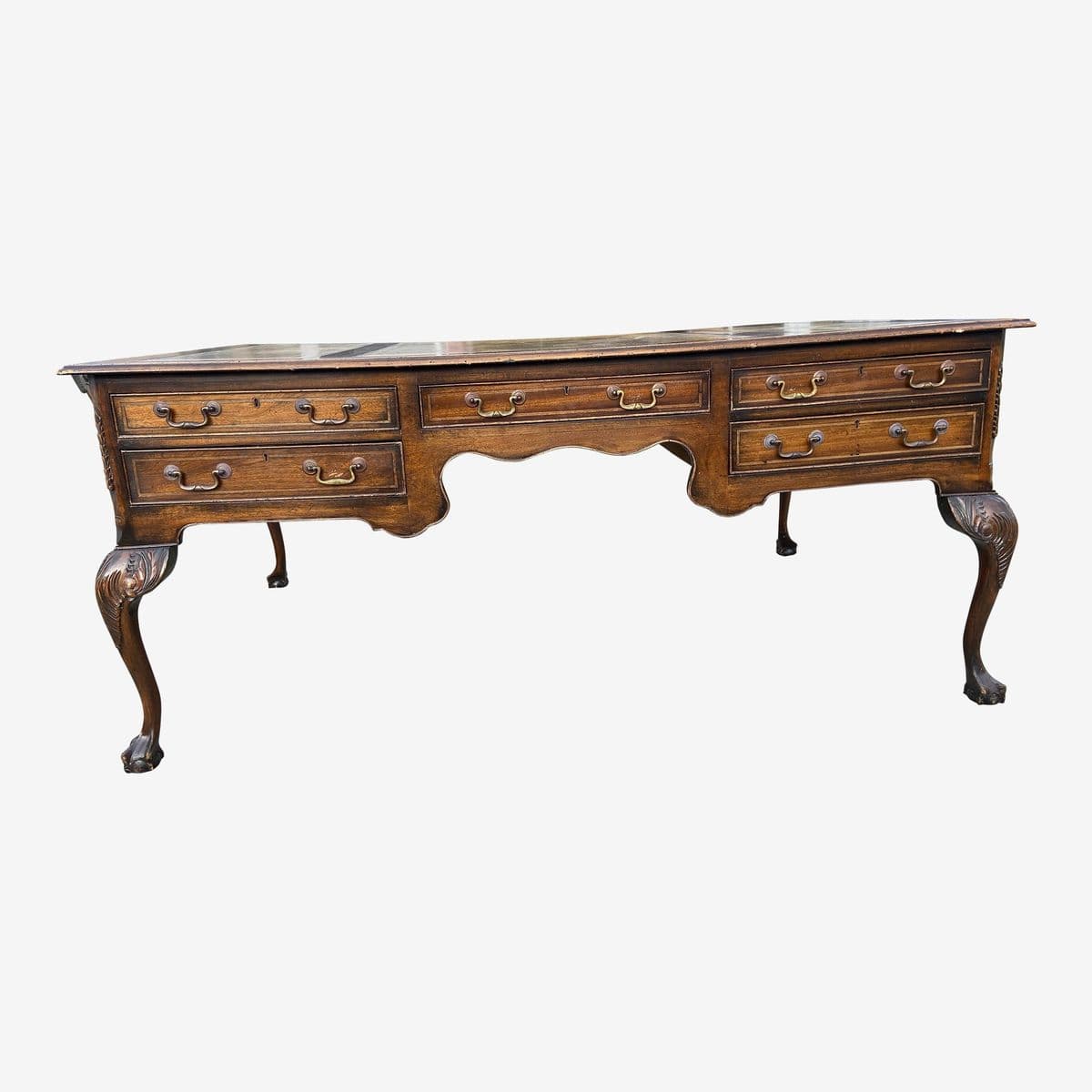 1920s Antique English Leather Top and Claw Feet Partners Writing Desk. - Image 1