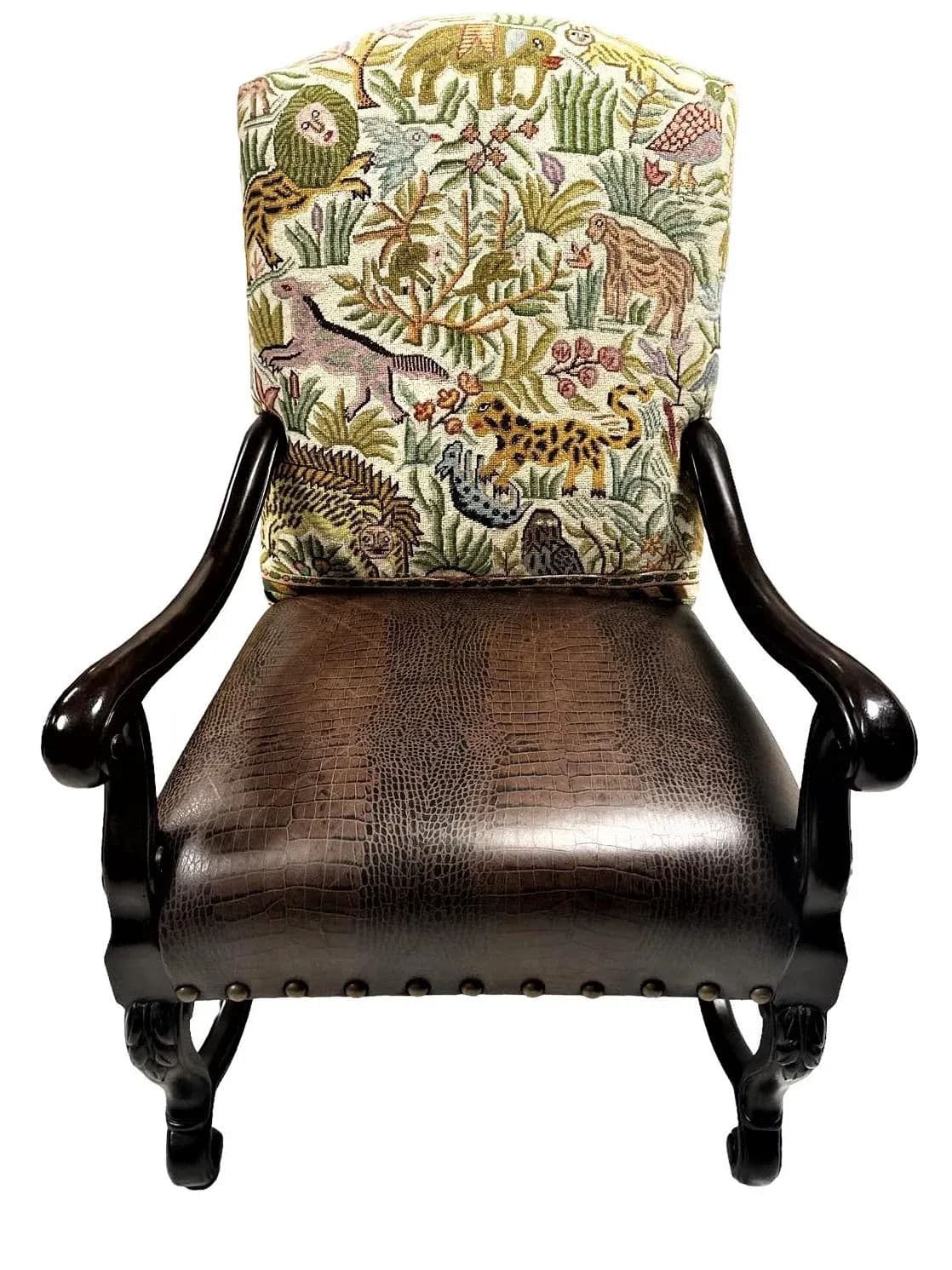 Hacienda Chair Upholstered With Jungle Animals Tapestry and Embossed Cowskin - Thumbnail 4