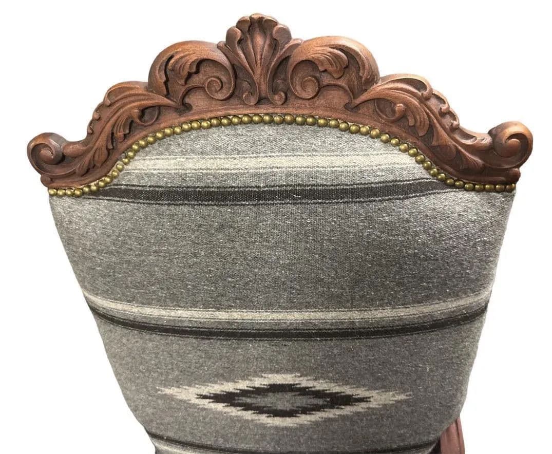 Antique Carved Hacienda Chair Upholstered With Oaxaca Wool Tapestry and Leather - Thumbnail 9