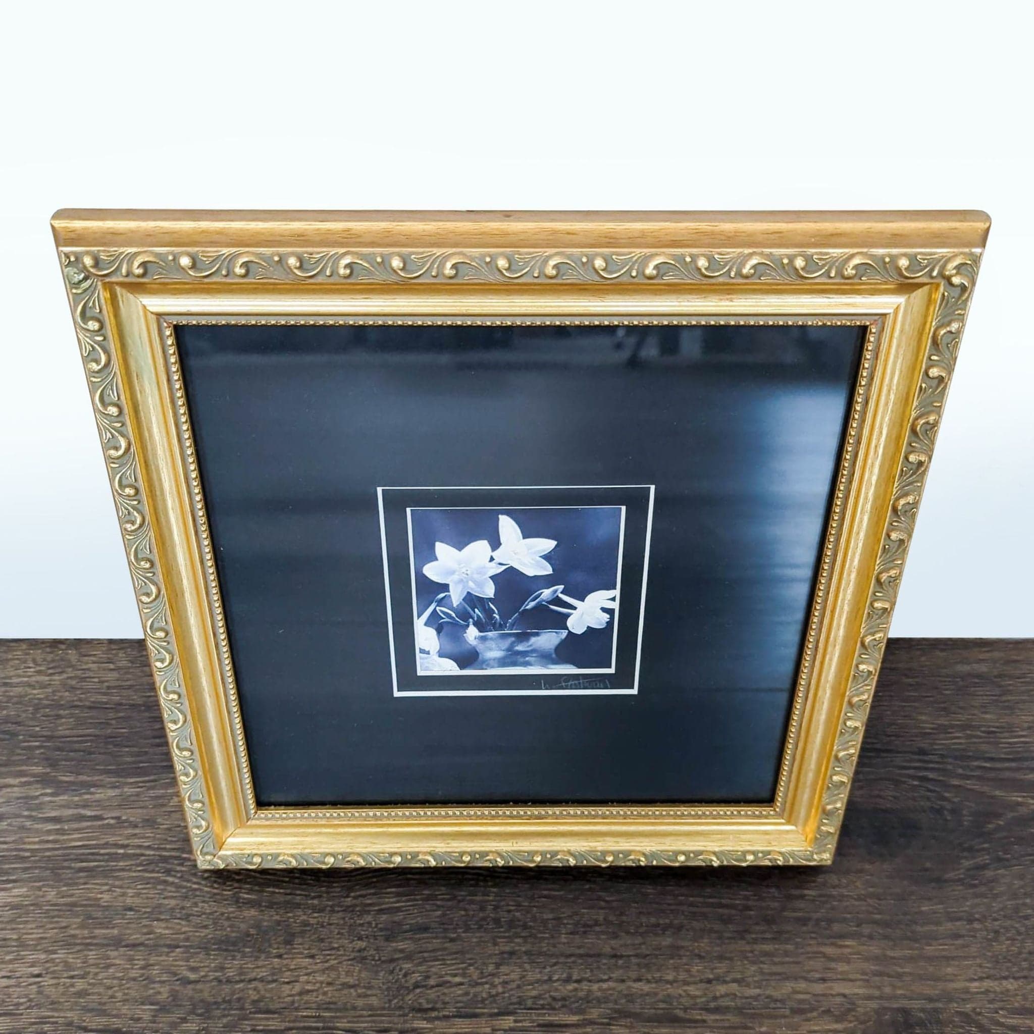 Framed Black and White Flower Print with Ornate Gold Frame, Signed - Image 1