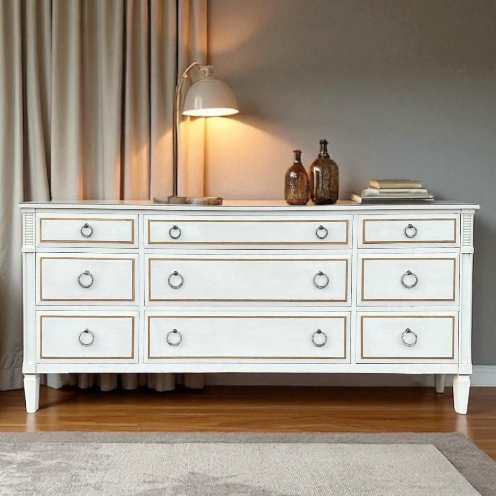 Vintage Davis Cabinet Company 71” Long Dresser – Antique White Gold Wood 9 Drawer Credenza with Drop Ring Pulls