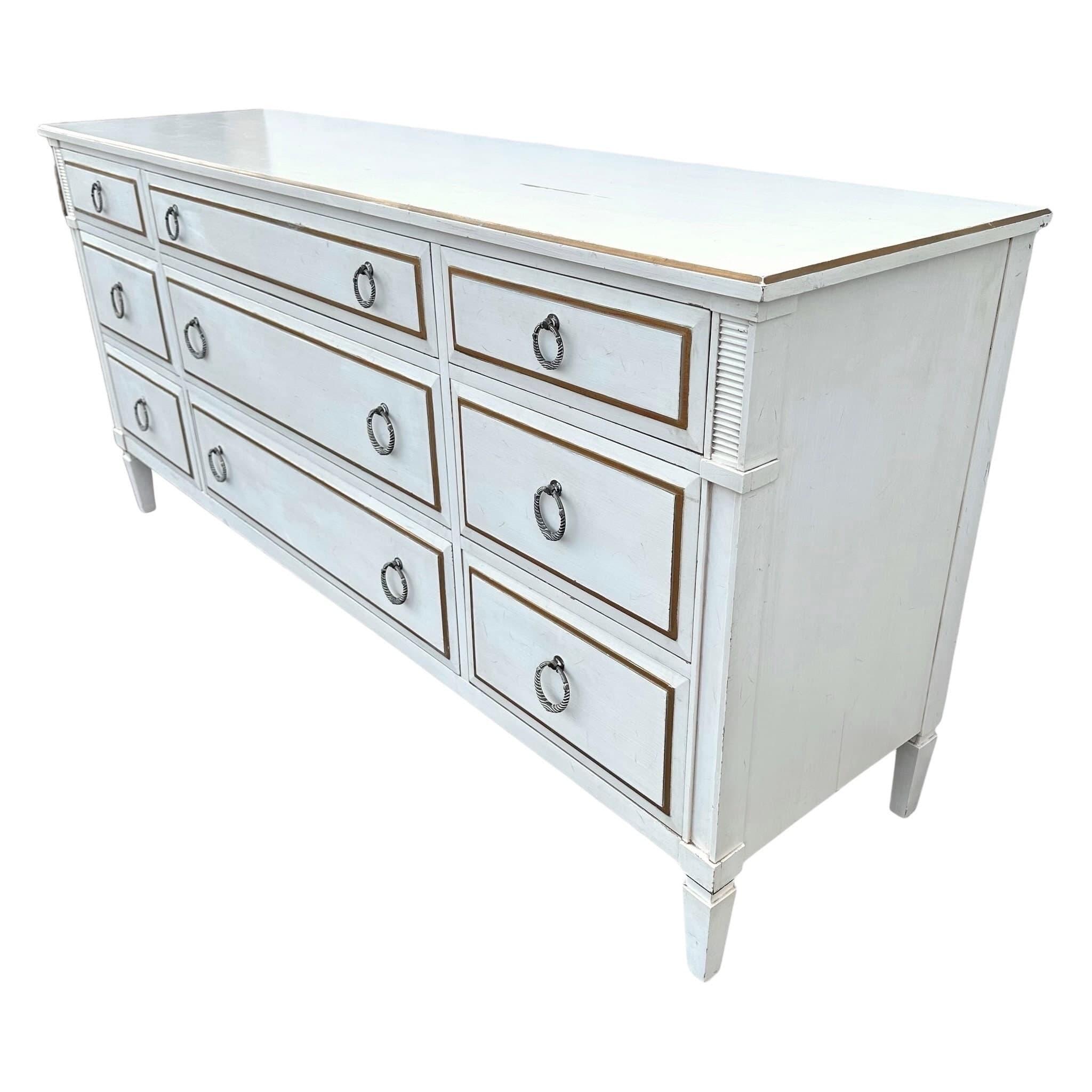 Vintage Davis Cabinet Company 71” Long Dresser – Antique White Gold Wood 9 Drawer Credenza with Drop Ring Pulls - Thumbnail 8