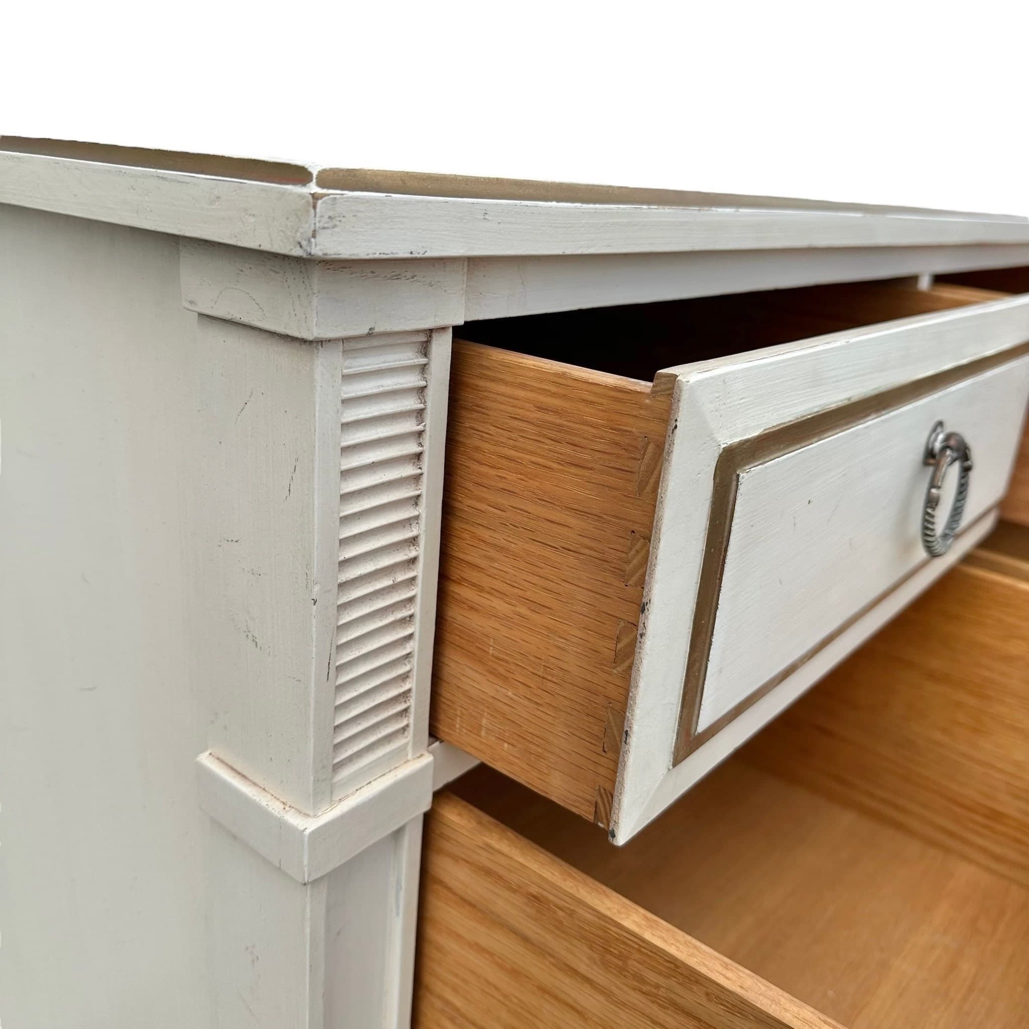 Vintage Davis Cabinet Company 71” Long Dresser – Antique White Gold Wood 9 Drawer Credenza with Drop Ring Pulls - Thumbnail 4