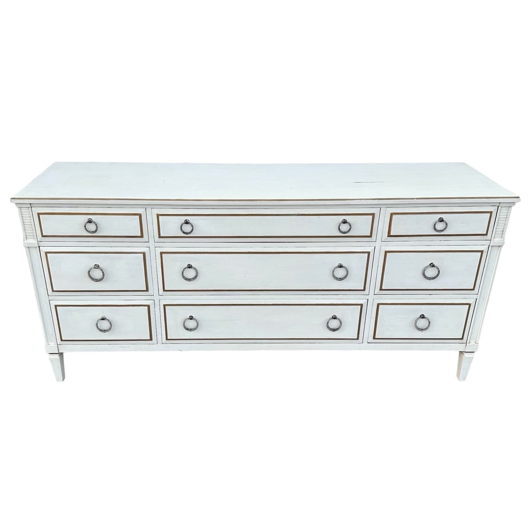 Vintage Davis Cabinet Company 71” Long Dresser – Antique White Gold Wood 9 Drawer Credenza with Drop Ring Pulls - Thumbnail 9