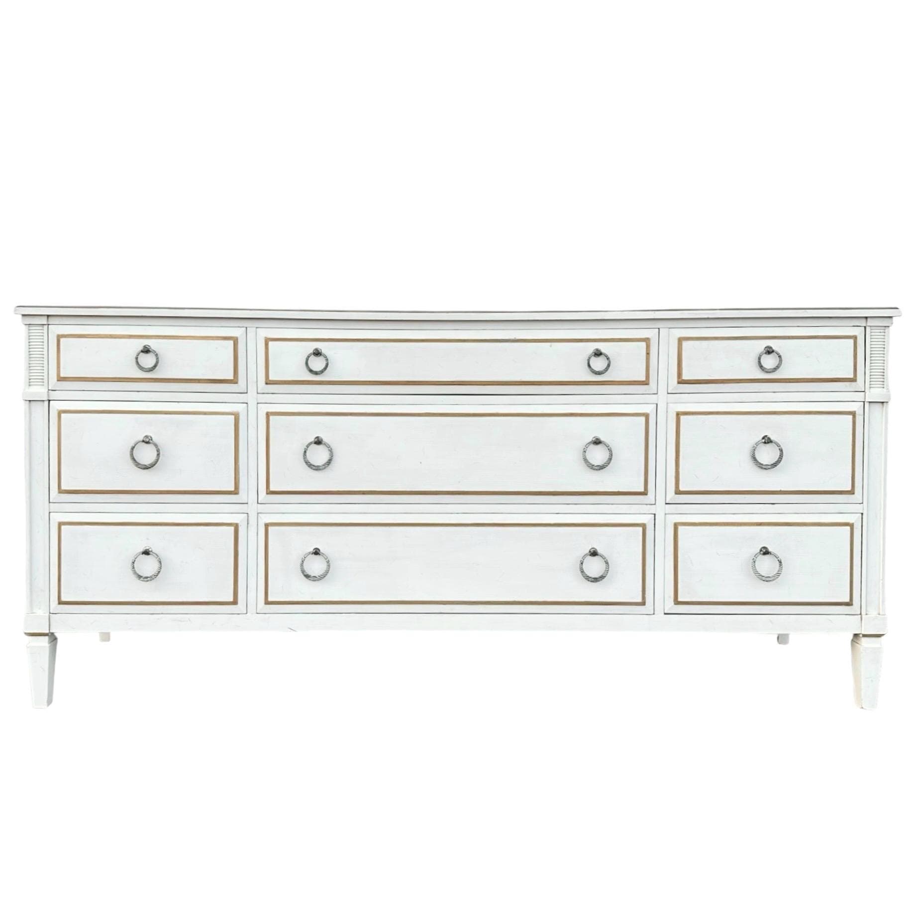 Vintage Davis Cabinet Company 71” Long Dresser – Antique White Gold Wood 9 Drawer Credenza with Drop Ring Pulls - Thumbnail 10