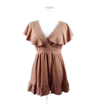 Showpo Terracotta Brown Ruffle Mini Dress AU 10 US 6 Cotton Tie Back Deep V Neck - Image 1