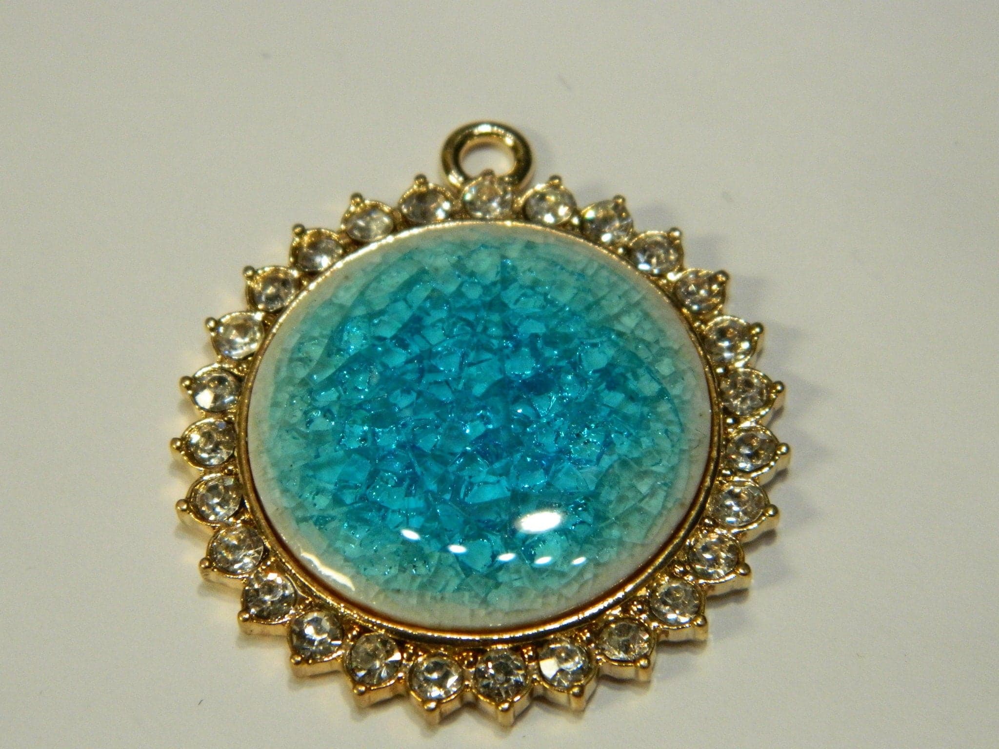 39MM Flat Round Porcelain & Rhinestone Gold Necklace Pendant - Golden Bezel - Image 1