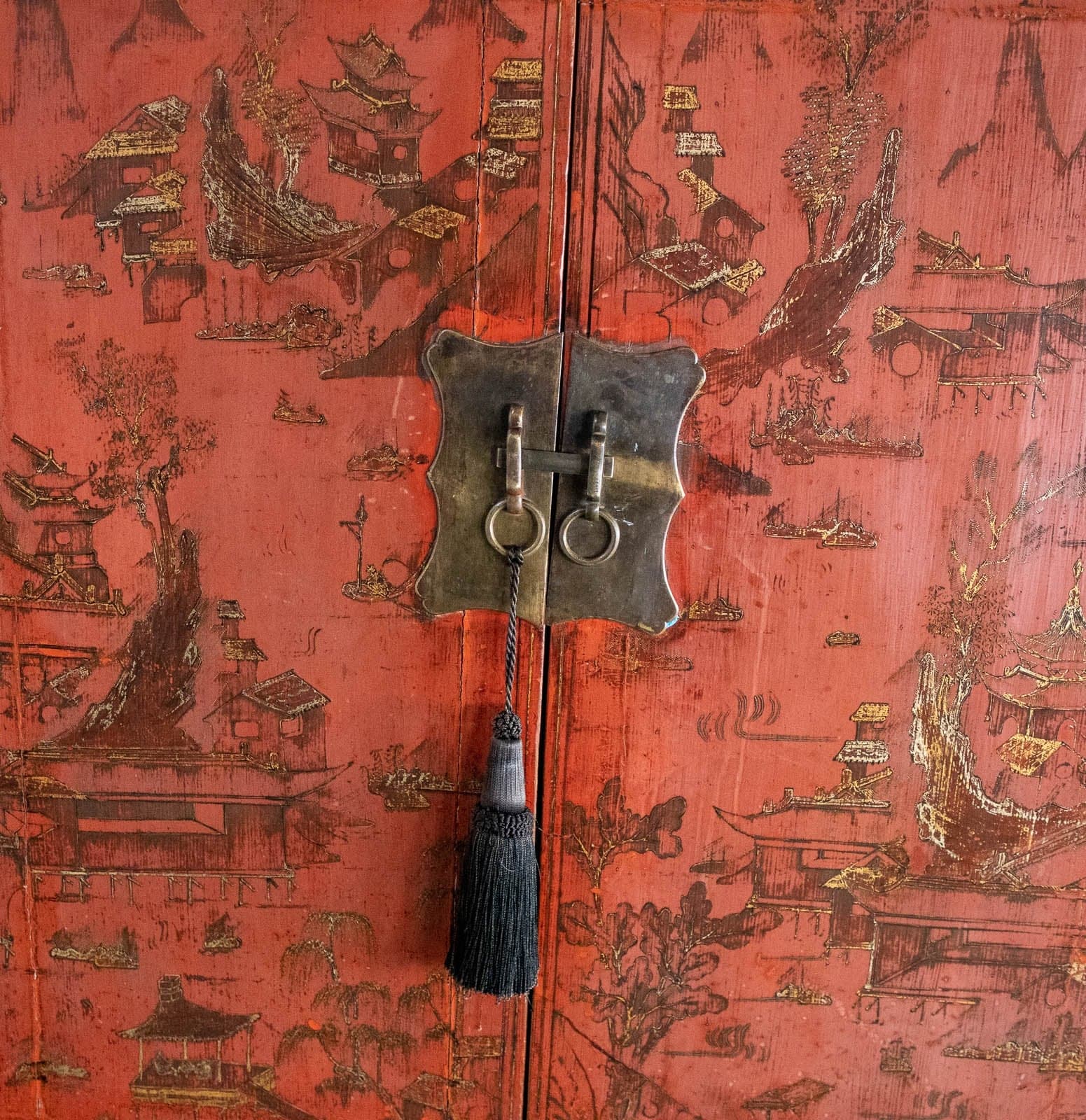 Early 1900s Chinese Red Lacquer Painted Two-Door Wedding Cabinet - Thumbnail 5