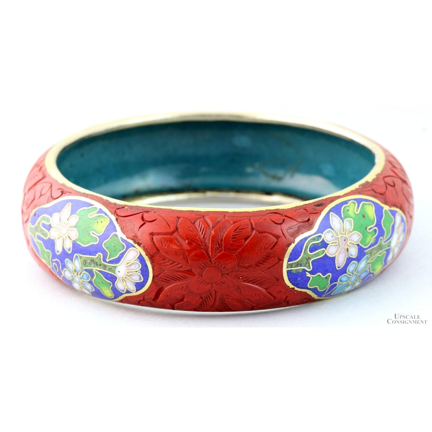 Carved Cinnabar Lacquer Bangle Cloisonné Panels - 66.7 mm - Size 8.25" - Image 1