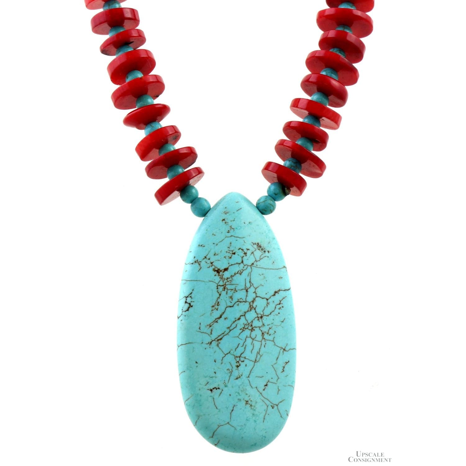 Turquoise & Coral Beaded Necklace - Teardrop Pendant - 20 in - Image 1