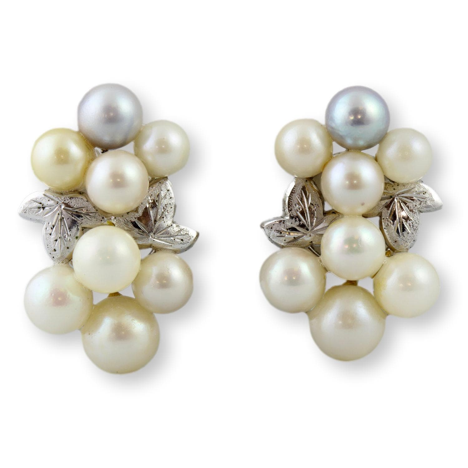 Vintage Cultured Pearl Cluster Earrings | Diamond-Cut Leaf Design - 1.25"(l) x .75"(w) - Image 1