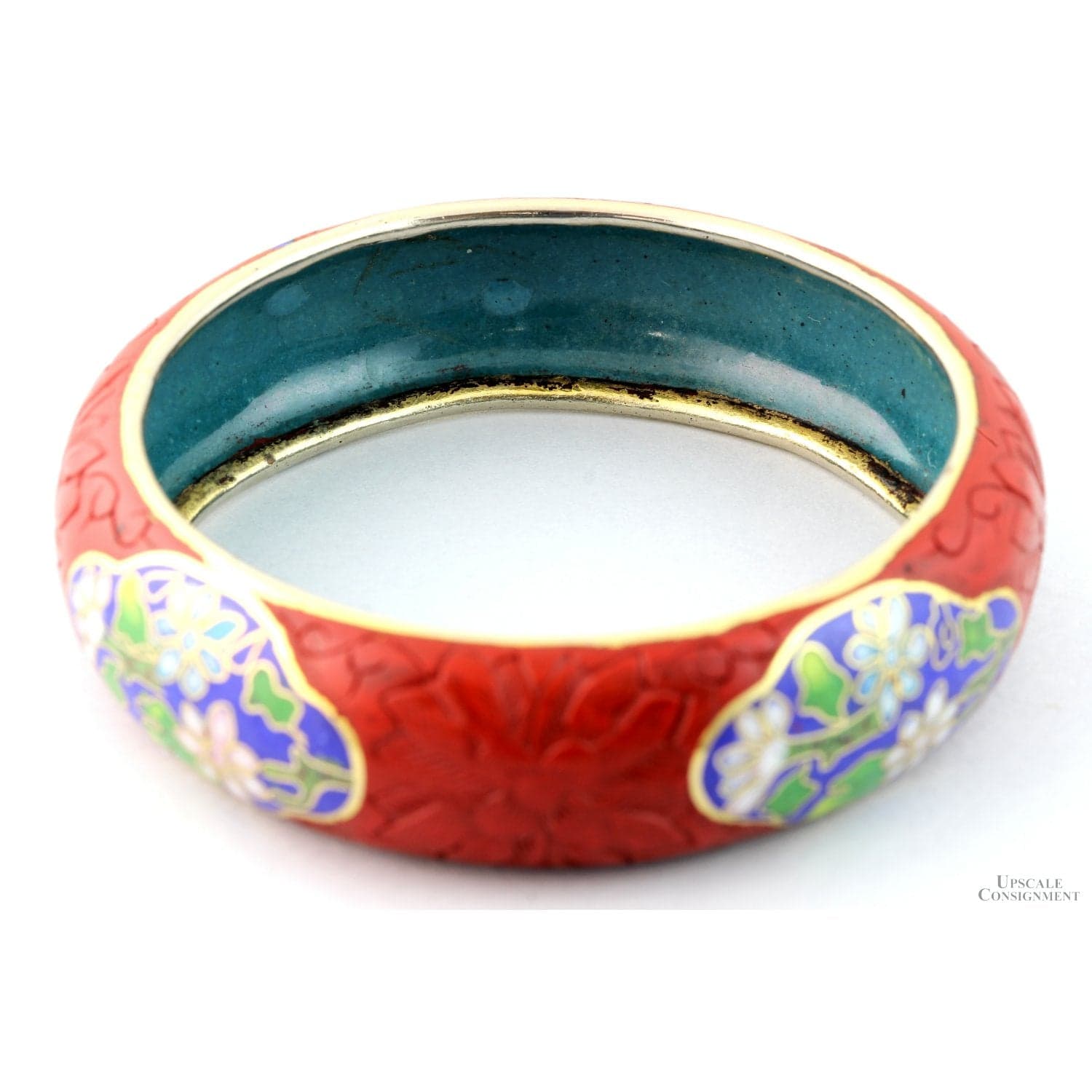 Carved Cinnabar Lacquer Bangle Cloisonné Panels - 66.7 mm - Size 8.25" - Thumbnail 3
