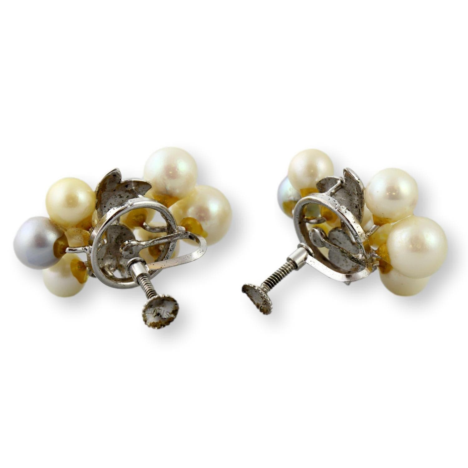 Vintage Cultured Pearl Cluster Earrings | Diamond-Cut Leaf Design - 1.25"(l) x .75"(w) - Thumbnail 3