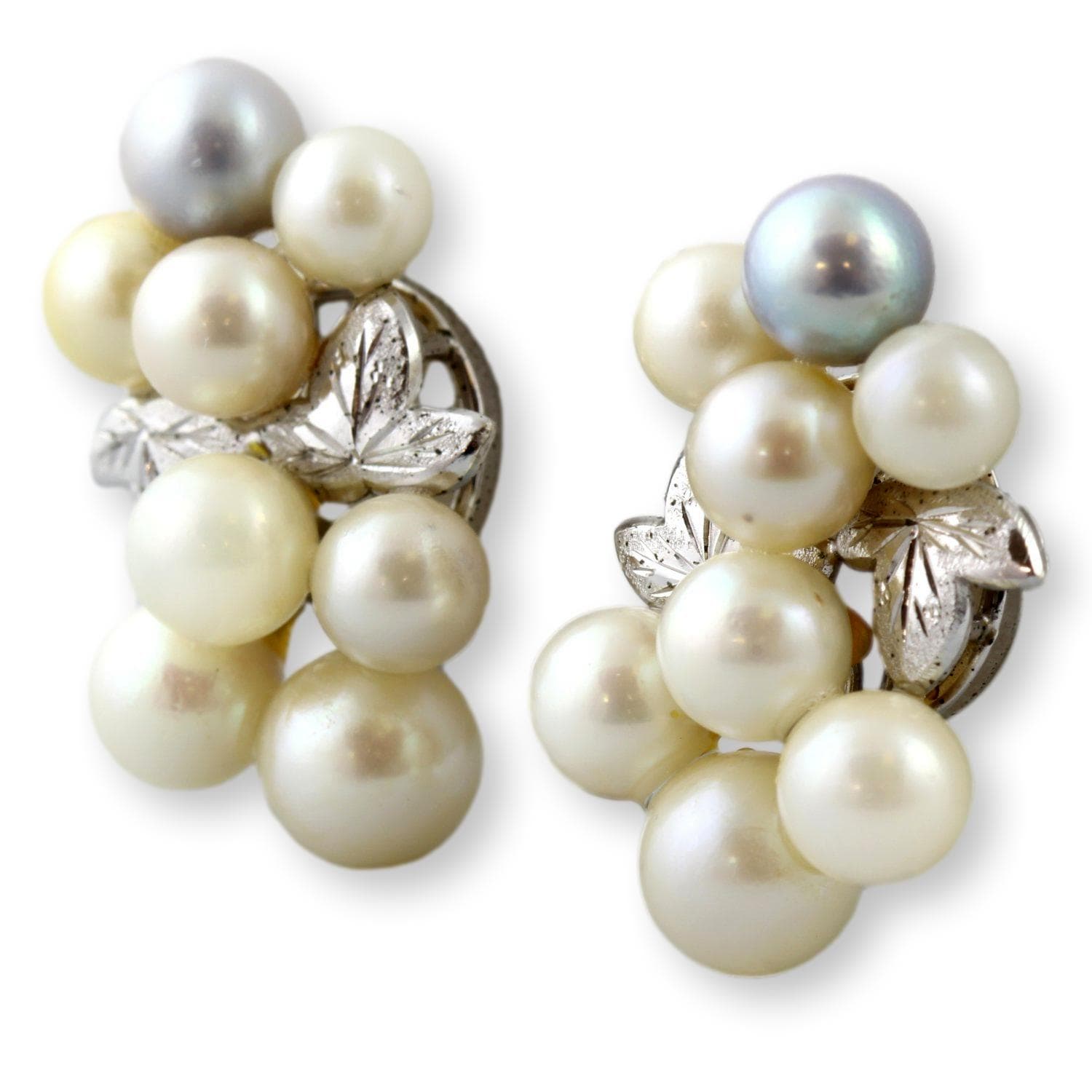 Vintage Cultured Pearl Cluster Earrings | Diamond-Cut Leaf Design - 1.25"(l) x .75"(w) - Thumbnail 2