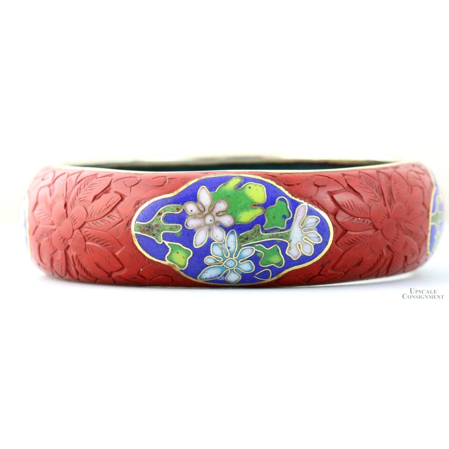 Carved Cinnabar Lacquer Bangle Cloisonné Panels - 66.7 mm - Size 8.25" - Thumbnail 2