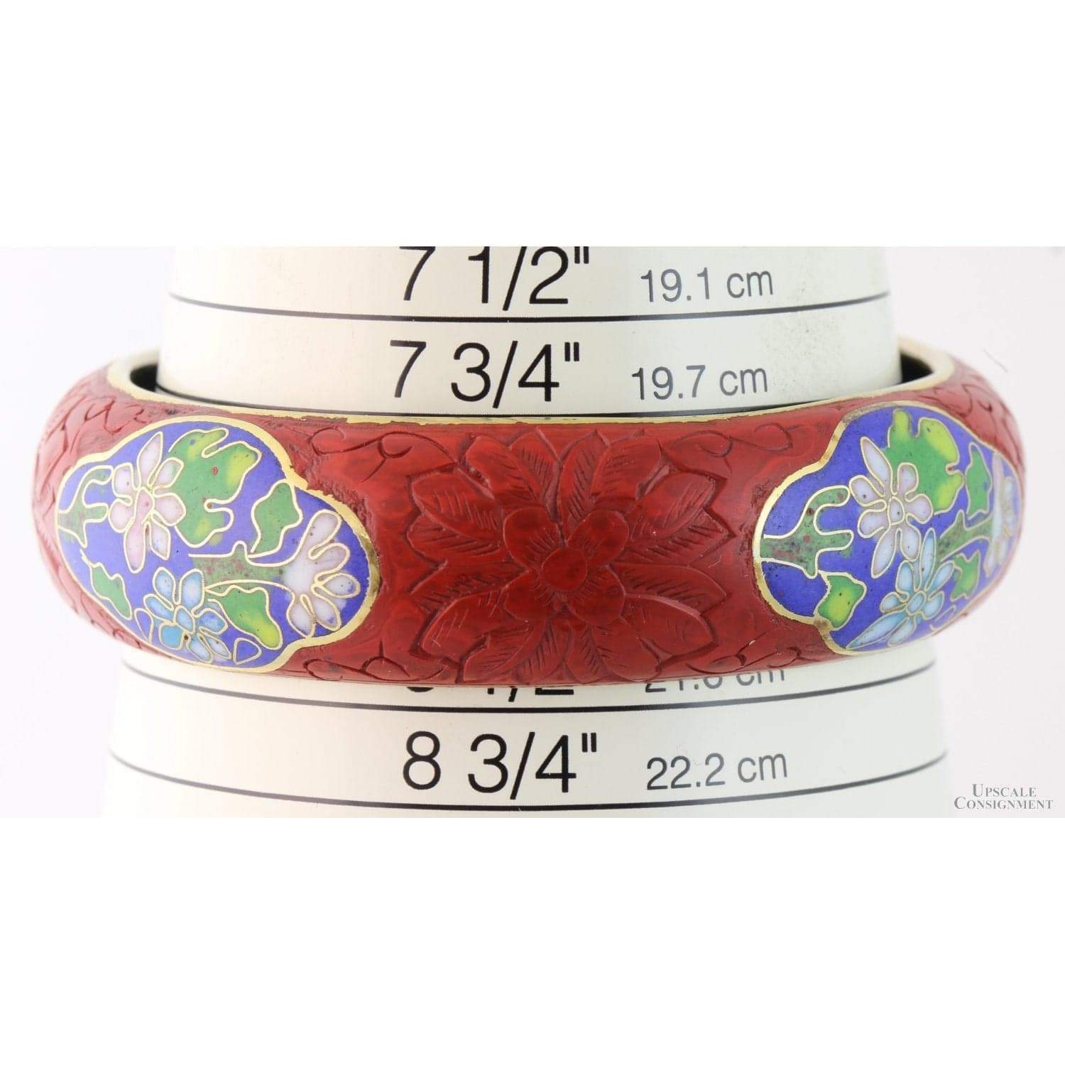 Carved Cinnabar Lacquer Bangle Cloisonné Panels - 66.7 mm - Size 8.25" - Thumbnail 4