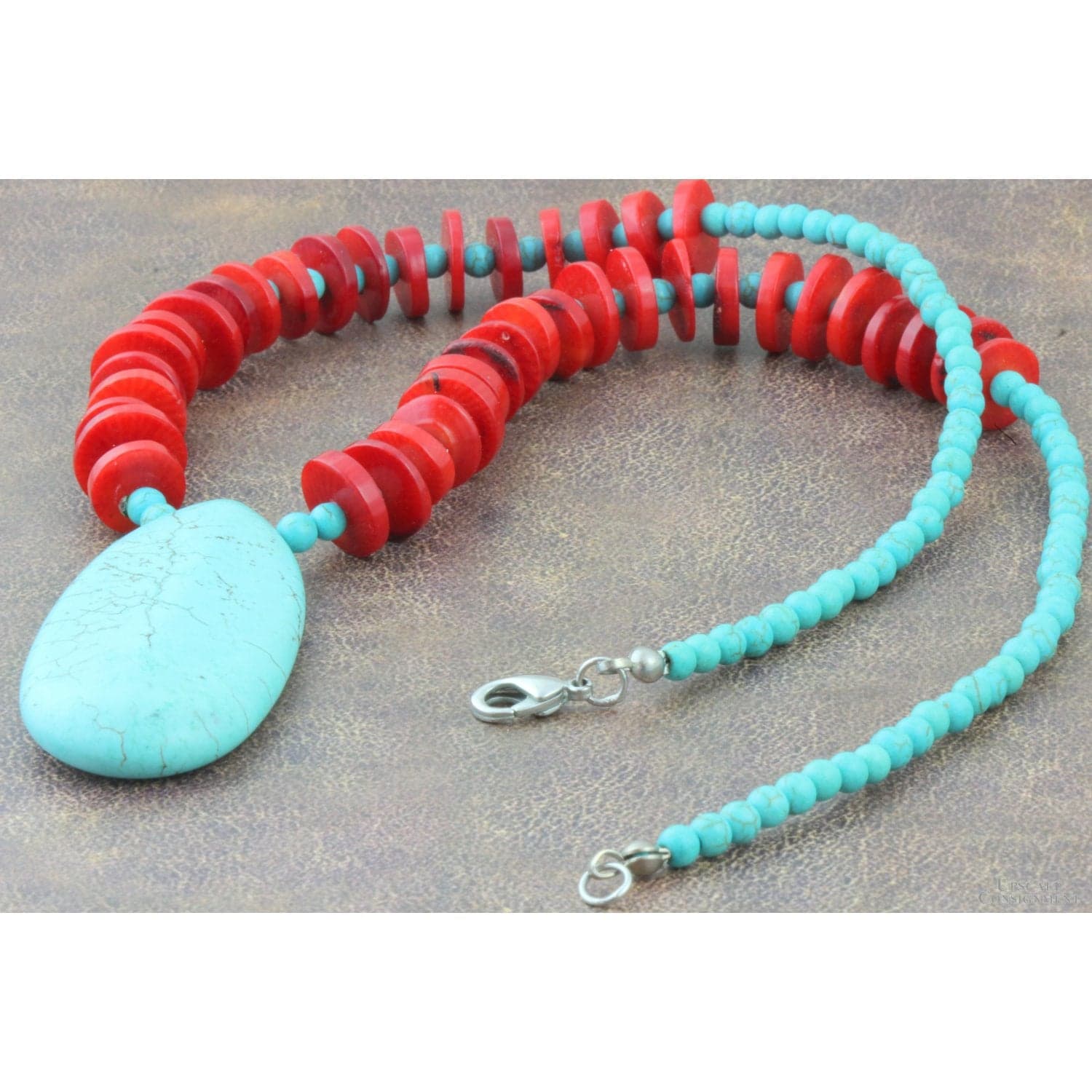 Turquoise & Coral Beaded Necklace - Teardrop Pendant - 20 in - Thumbnail 2