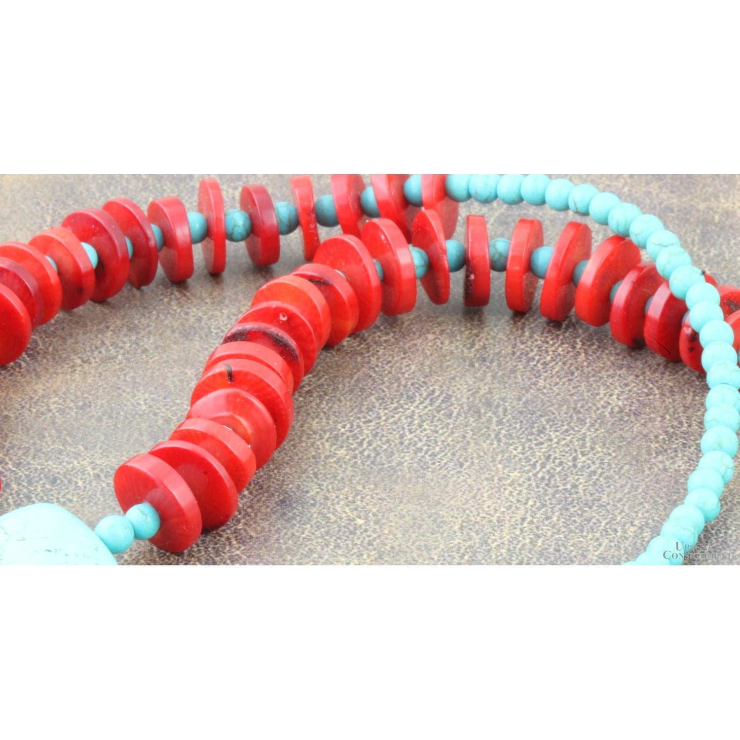 Turquoise & Coral Beaded Necklace - Teardrop Pendant - 20 in - Thumbnail 3