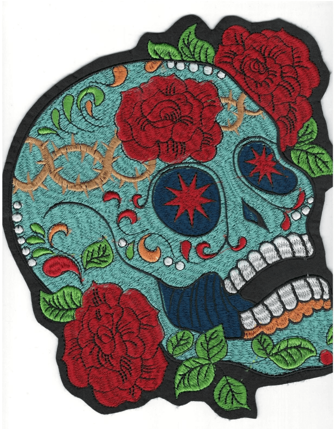 Massive Sugar Skull Day of The Dead Embrodery Iron on Patch-Large Blue Red - Image 1