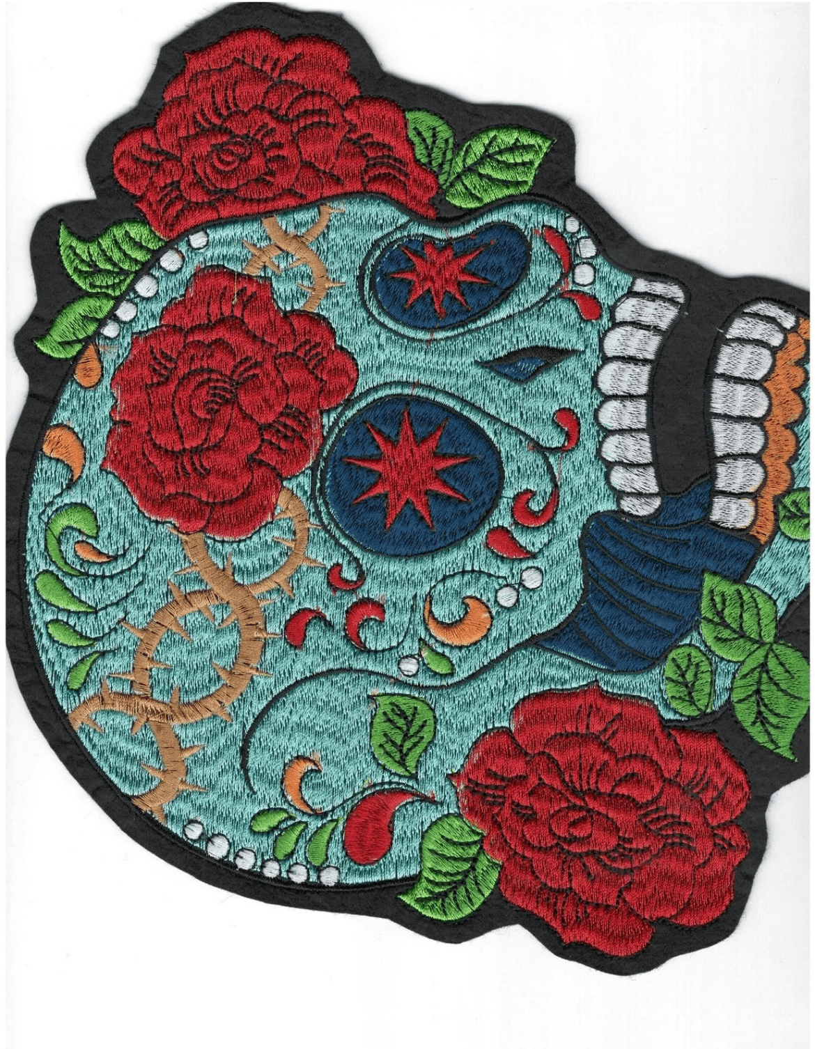Massive Sugar Skull Day of The Dead Embrodery Iron on Patch-Large Blue Red - Thumbnail 2