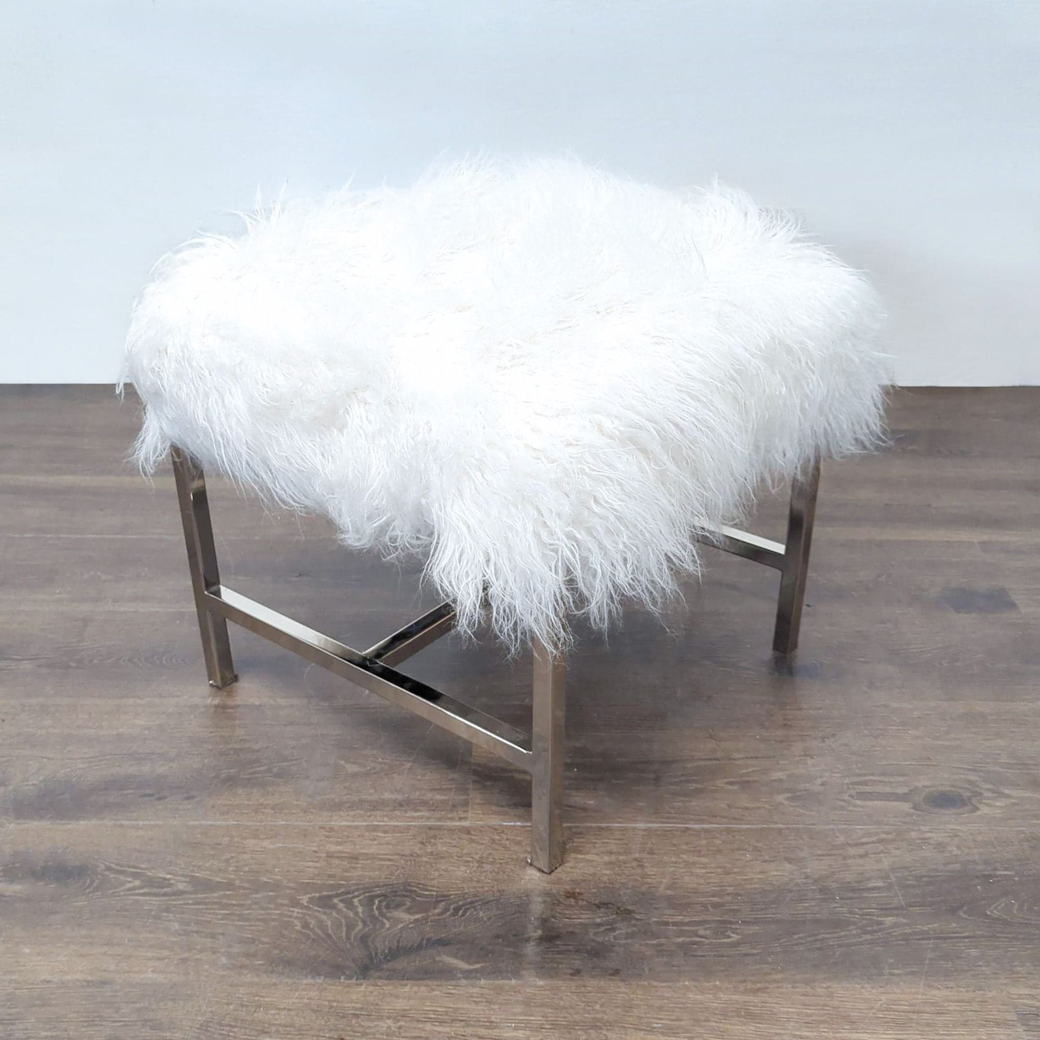 Faux Fur Ottoman on a Metal Base - Image 1