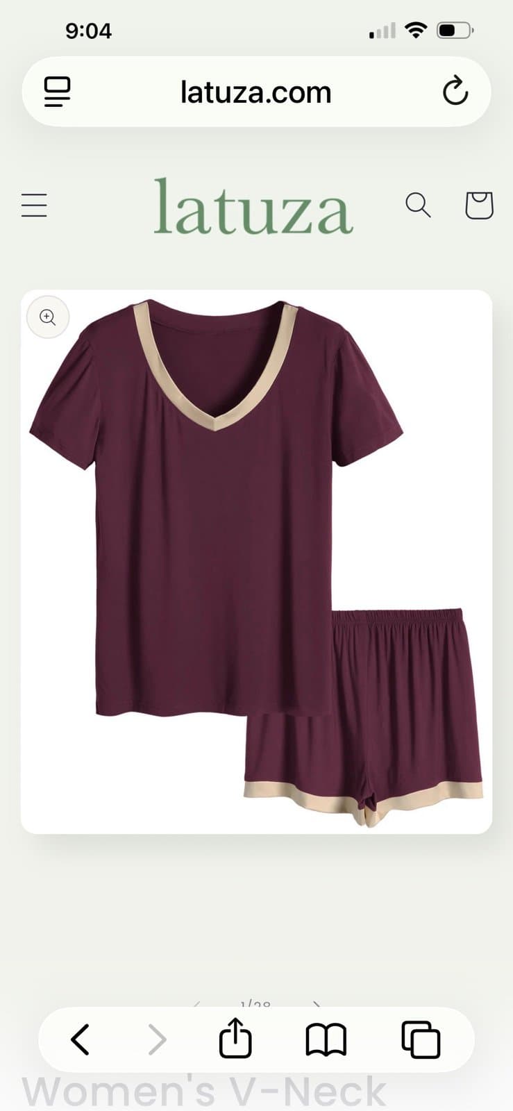 Latuza Women's V-Neck Short Sleeve Bamboo Pajama Set L Wine Red NEW - Image 1