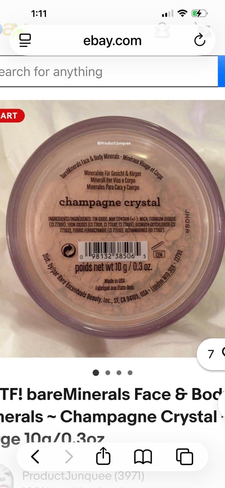 bareMinerals Face & Body Minerals ~ Champagne Crystal ~ Large 10g/0.3oz - Thumbnail 3
