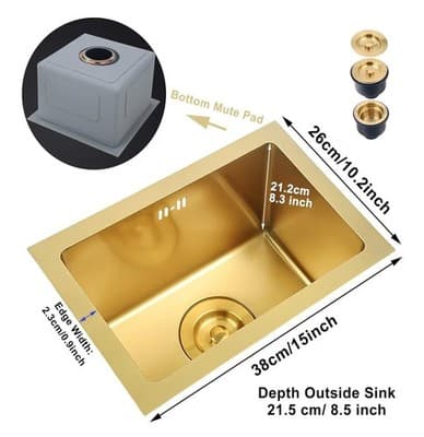 Gold Bar Prep Sink Mini Trumpet Kitchen Essential 15 x10 Inch Rectangular - Thumbnail 3