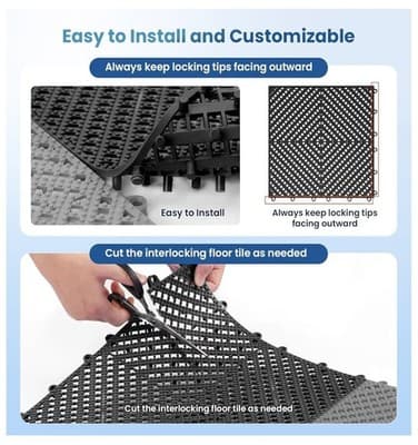 Interlocking Tile 12"x12" Garage Patio Pool Bathroom, Anti-Slip, Black 60 Pcs - Thumbnail 6