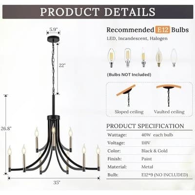 Modern Black and Gold Chandelier for Dining Room Metal 9-Light E-12 Bulbs 35" - Thumbnail 3