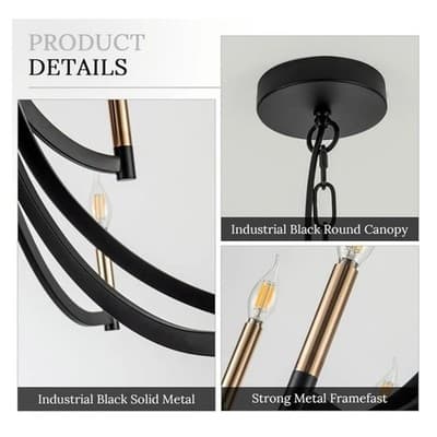 Modern Black and Gold Chandelier for Dining Room Metal 9-Light E-12 Bulbs 35" - Thumbnail 7