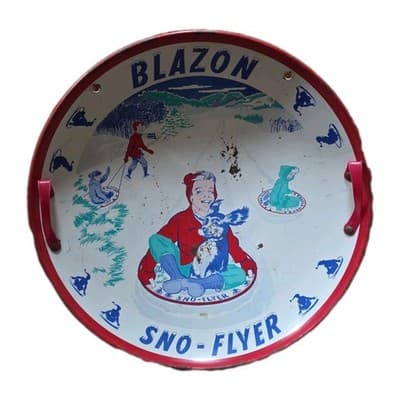 Vintage Blazon Sno-Flyer Steel Snow Sled Disc Litho Child Dog 1940s-1950s USA - Image 1