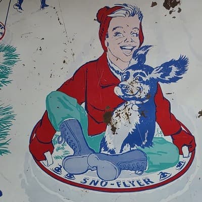 Vintage Blazon Sno-Flyer Steel Snow Sled Disc Litho Child Dog 1940s-1950s USA - Thumbnail 3