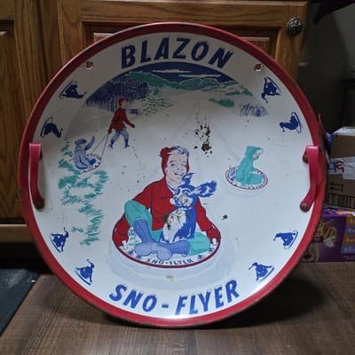 Vintage Blazon Sno-Flyer Steel Snow Sled Disc Litho Child Dog 1940s-1950s USA - Thumbnail 2
