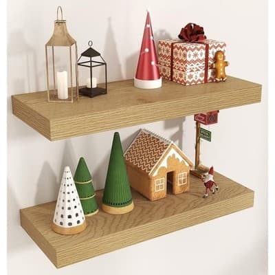 Floating Shelves for Wall, Engineered Wood Oak, 24" W x 9" D x 1.5" H, Set Of 2 - Thumbnail 2